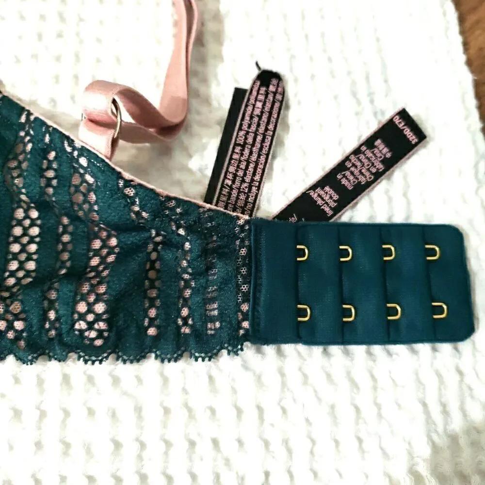 Victoria Secret Underwire Padded Plunge Bra Green Beige Lace Size 32DD